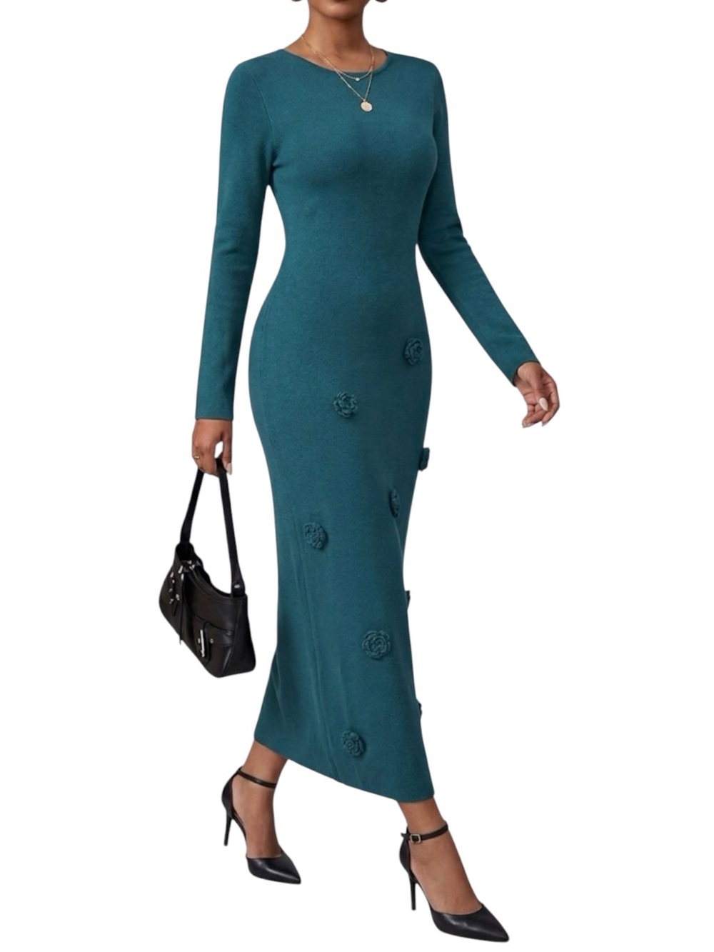 Teal Long Sleeve Floral Appliqué Knit Maxi Dress Bodycon Sweater Dress Rosette L